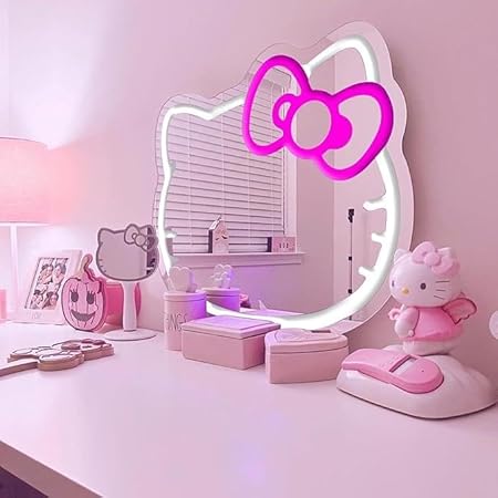 Home Decor Mirrorcat face Shape Mirror,Anime Neon Sign for Dresser, Locker Room,Living Room, Neon Light up Acrylic Mirror with Dimmable