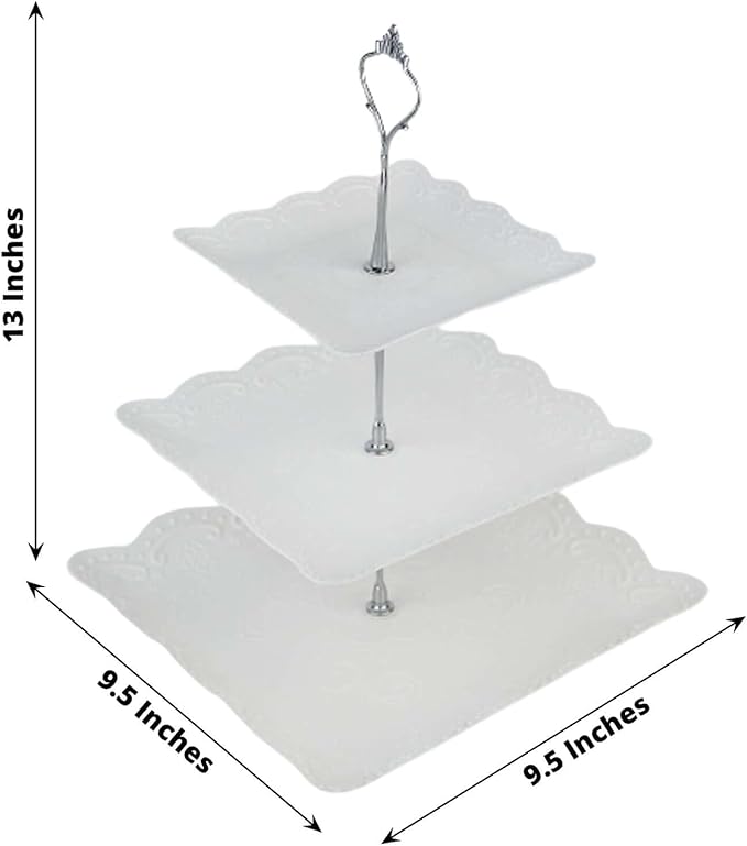 Efavormart 13"  3 Tier Floral Print Cupcake Stand, White Square Dessert Tray Display Holder with Wavy Edges - Plastic