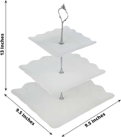 Efavormart 13"  3 Tier Floral Print Cupcake Stand, White Square Dessert Tray Display Holder with Wavy Edges - Plastic
