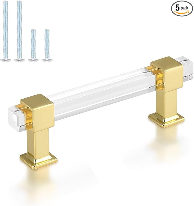 knobelite 3-12 Inch Hole Center Adjustable Cabinet Pulls 5 Pack, Square Drawer Pulls with Gold Zinc Alloy Base and Clear Arcylic Tube, Kitchen and Bedroom Glass Cabinet Handles
