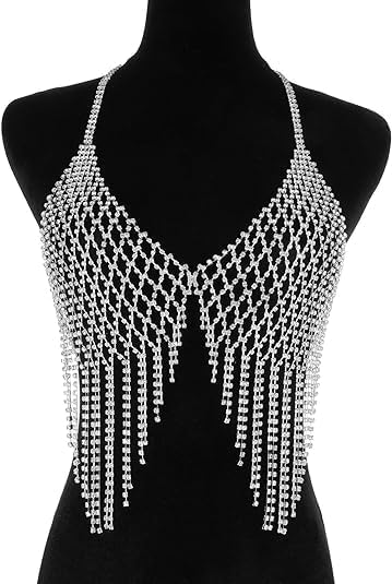 Tassel Rhinestone Chain Body Bra:body Jewelry for Women Sexy, Silver Bikini Bra Body Chains Underwear Party