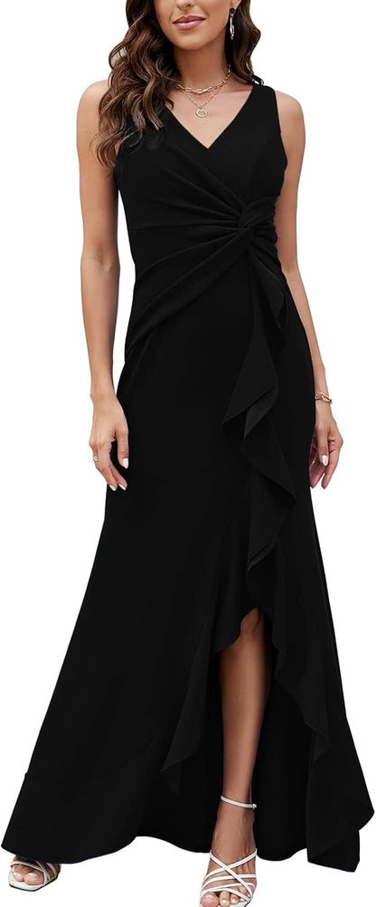 High-quality black formal dress with soft, stretchy material, flattering V-neck, sleeveless, and floor-length hem for evening parties.