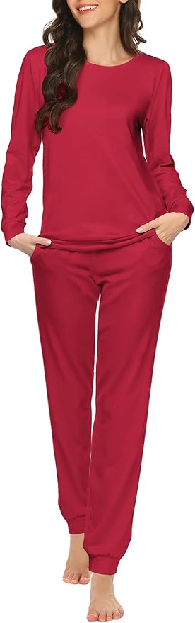 Womens Jogger Pajama Sets Long Sleeve Sleepwear Round Neck Nightwear Soft Pjs Lounge Sets with Pockets