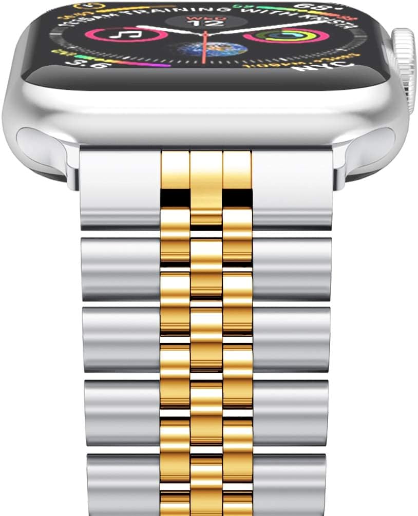 Wolait Compatible with Apple Watch Ultra 3/Ultra 2 Band 49mm 46mm 45mm 44mm 42mm,Stainless Steel Heavy iWatch Band with Butterfly Folding Clasp Link Bracelet for Series 11-1/SE3/2/Men,Silver/Gold