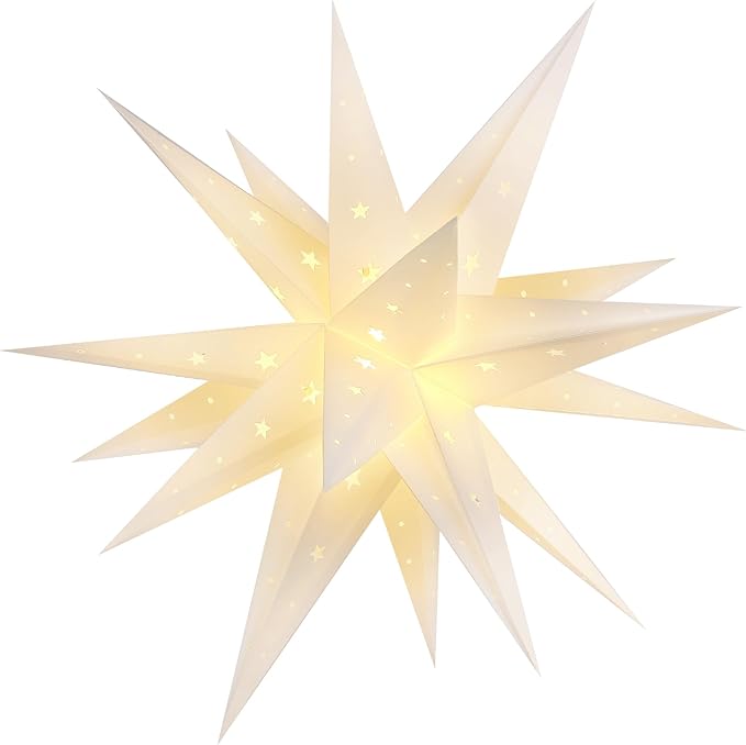 23" Moravian Star Outdoor Light, Waterproof 3D Christmas Tree Topper Lamp with Timer Function, White Led Hanging Star Lantern for Holiday Porch Room Party Decoration