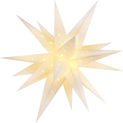 23" Moravian Star Outdoor Light, Waterproof 3D Christmas Tree Topper Lamp with Timer Function, White Led Hanging Star Lantern for Holiday Porch Room Party Decoration