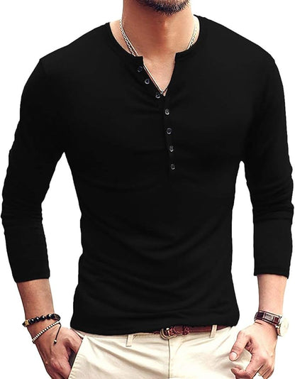 YTD Mens Casual Slim Fit Basic Henley Long Sleeve Fashion T-Shirt