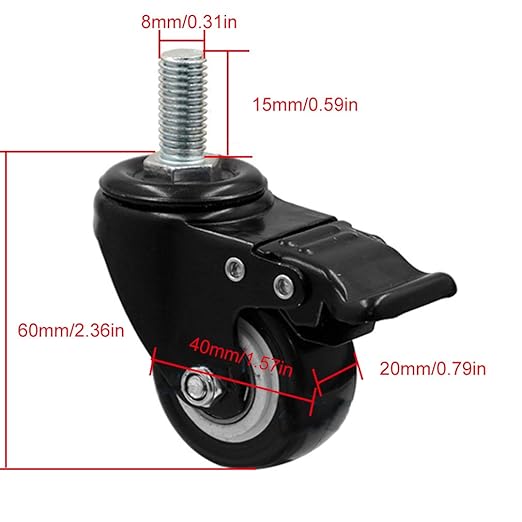 Pack of 4 Swivel Casters for Furniture,with Threaded Pin M8x1531x0.59 inches,Double Bearing,Brake,Black,Heavy Metals,Polyurethane,1.5 inches2 inches(2 Brake  2 no brake1.5in)