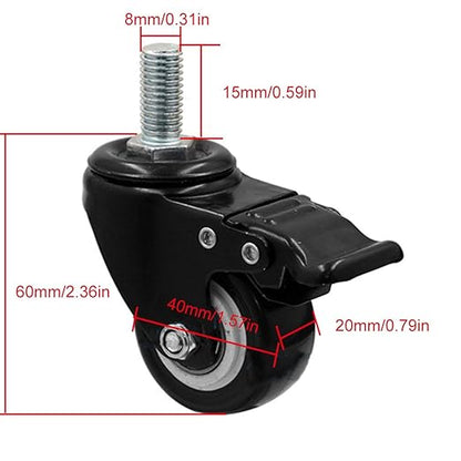 Pack of 4 Swivel Casters for Furniture,with Threaded Pin M8x1531x0.59 inches,Double Bearing,Brake,Black,Heavy Metals,Polyurethane,1.5 inches2 inches(2 Brake  2 no brake1.5in)