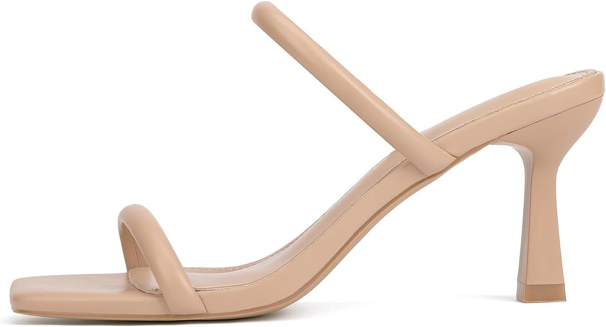 Goderci Kitten Heels for Women Two Strap Mules Mid Square Open Toe Slip On Heeled Sandals