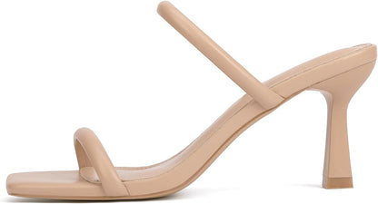 Goderci Kitten Heels for Women Two Strap Mules Mid Square Open Toe Slip On Heeled Sandals