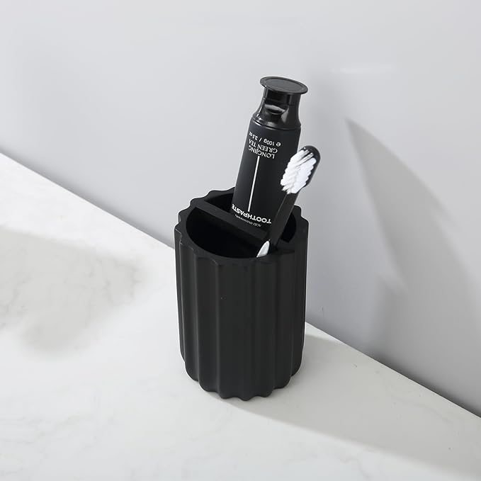 Black Toothbrush Holder Resin Electric Toothbrush Toothpaste Stand with 2 Compartment Organizer for Bathroom Makeup Brush Storage