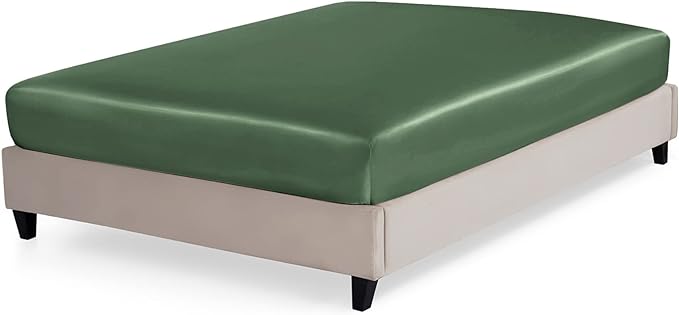 P Pothuiny Satin Fitted Sheet Queen Size, 1 Single Fitted Sheet Only, Extra Soft Deep Pocket Bottom Bed Sheets Mattress Cover Fits 12" to 16", Wrinkle Free, Fully Elasticized (Woodland Green)