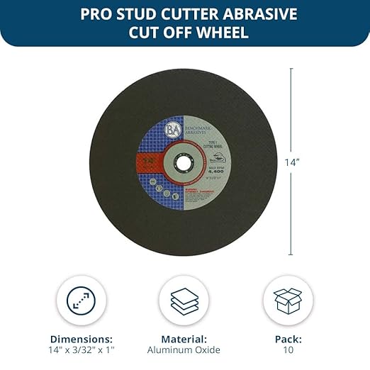 Benchmark Abrasives Aluminum Oxide Type 1, 14 Inch Chop Saw Blade, Cutting Wheel with 3/32" X 1" Arbor, Fast Circular Saw Blades for Cutting Metal Steel Drywall - Grinding Wheel - 10 Pack