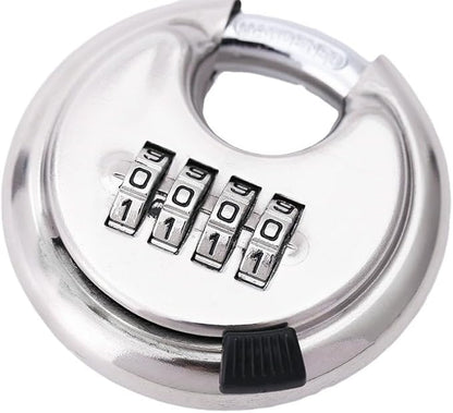 4 Digit Combination Lock, Stainless Steel Disc Padlock with 3/8 Inch Hardened Steel Shackle, Heavy Duty Combo Lock Outdoor for Warehouse, Hasp Latch, Sheds, Fences, Storage Locker (1 Pack) (Silver)