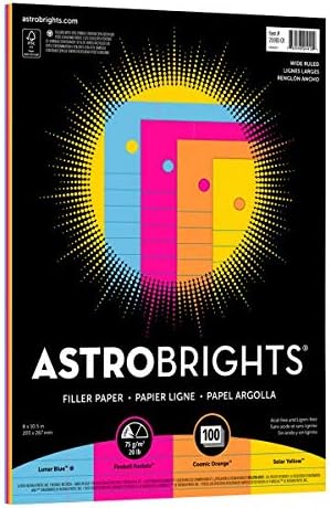 Astrobrights Filler Paper, 8" x 10 12", Wide Ruled, 20 Lb, FSC Certified, Assorted Colors, Pack Of 100 Sheets