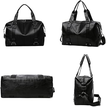 Travel Bag for Men PU Leather Shoulder Bag Stylish Handbag Gym Bag with Adjustable Shoulder Strap (Black)