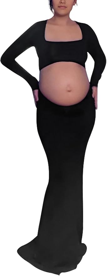 Bhome Maternity Photoshoot Dress Long Sleeve Sexy Cut-Out Backless Maternity Maxi Gown Photography Outfits