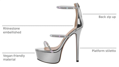 Platform Heel for Women Crystal Sandals with Rhinestone Straps Buckle Stiletto High Heels