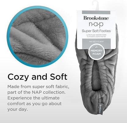 Brookstone Plush Footies - Slippers with Memory Foam Insole - Ultra-Soft Sherpa Footies for Indoor Wear, Non-Skid Sole, One-Size-Fits-Most, Machine Washable Slippers for Women