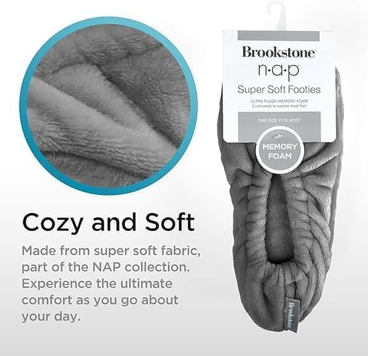 Brookstone Plush Footies - Slippers with Memory Foam Insole - Ultra-Soft Sherpa Footies for Indoor Wear, Non-Skid Sole, One-Size-Fits-Most, Machine Washable Slippers for Women