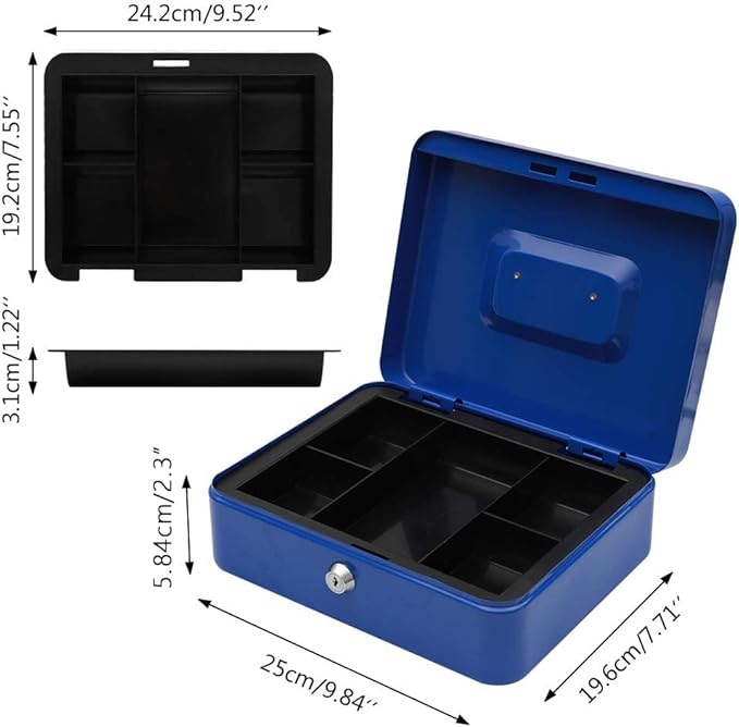 KYODOLED Large Lock Box with Money Tray,Storage Cash Box with Lock,Safe Metal Box for Money,9.84"x 7.87"x 3.54" Blue Large