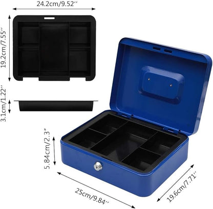 KYODOLED Large Lock Box with Money Tray,Storage Cash Box with Lock,Safe Metal Box for Money,9.84"x 7.87"x 3.54" Blue Large