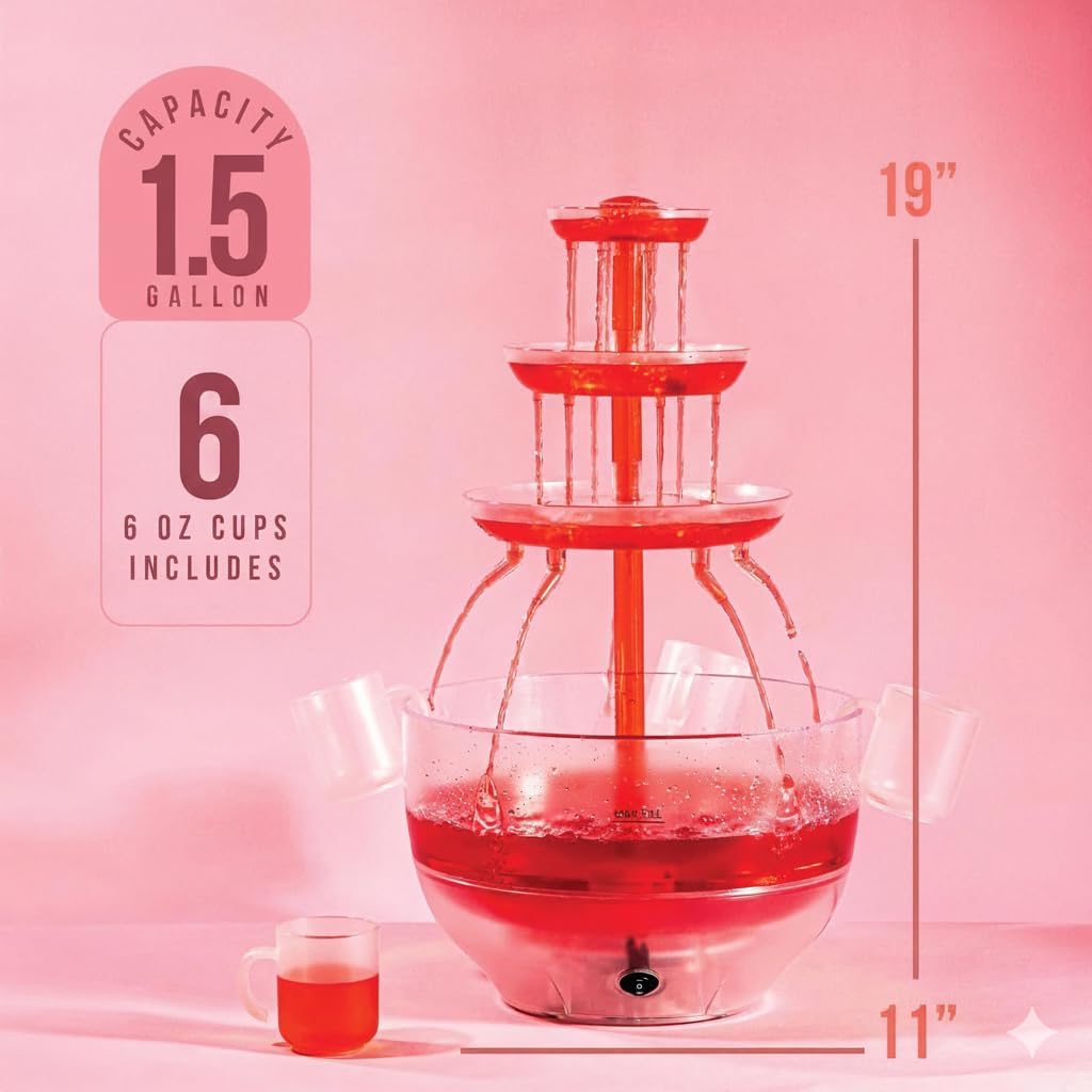 Kusini Drink Fountain for Parties - 1 Gallon Max, 3 Tier Punch Bowl Drink Tower, LED Base, 4 Reusable Cups - Drink Dispenser Machine for, Juice, Punch, Pani Puri Fountain for Party Hosting Supplies