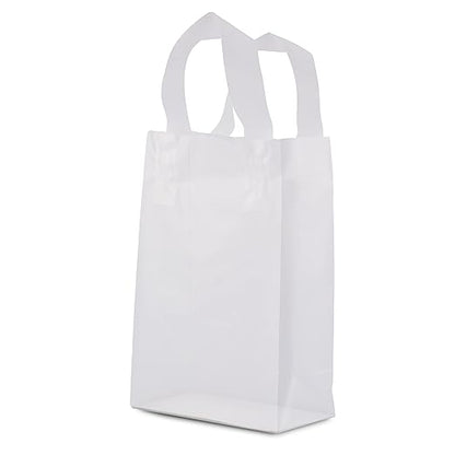 Prime Line Packaging Clear Gift Bags with Handles, Frosted White Plastic Shopping Totes for Small Business, Boutiques, Retail, Bulk, 6x3x9 50 Pack