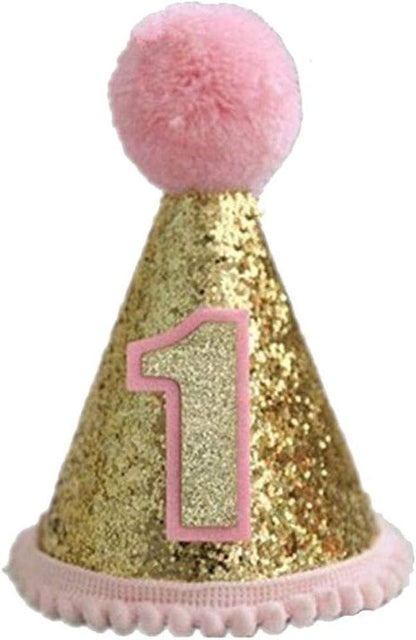 Finduat Baby Girl 1 Birthday Cone Hat, Baby Girl Birthday Tiara Adjustable Headbands for Baby Girl 1st Birthday Party Supplies