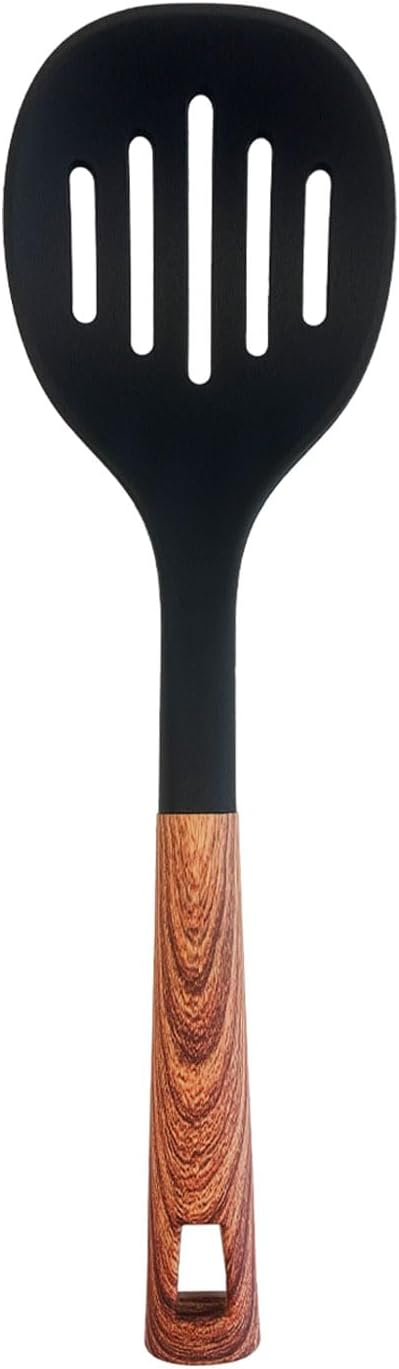 Soft Touch Nylon Skimmer with Wood Grain Handle and Hanging Hole, Heat Resistance, Non Stick Flexible Skimmer, for Blanching, Deep frying and Skimming Foods