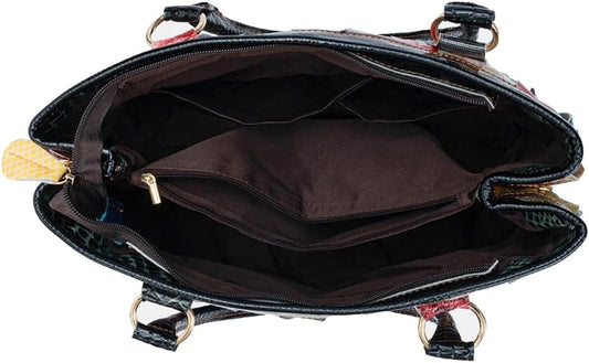 3D Multicolored Leaves Handbag for Women Cow Patent Leather Shoulder Purse Colorful Spliced Snake Print Crossbody Bag