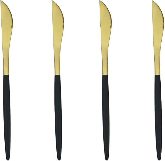 Gugrida Black Gold Flatware, Royal 4 Piece Matte Black Handle 1810 Stainless Steel Dinner Knife Steak Knife 8.94", Camping Cutlery Silverware Travel Utensils Set Tableware