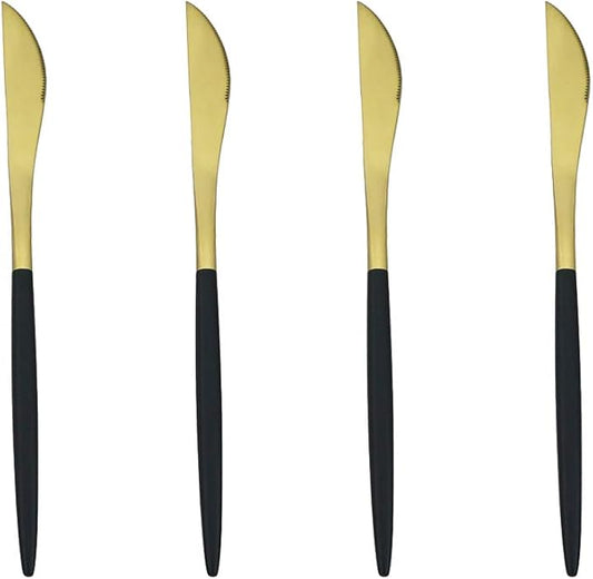 Gugrida Black Gold Flatware, Royal 4 Piece Matte Black Handle 1810 Stainless Steel Dinner Knife Steak Knife 8.94", Camping Cutlery Silverware Travel Utensils Set Tableware