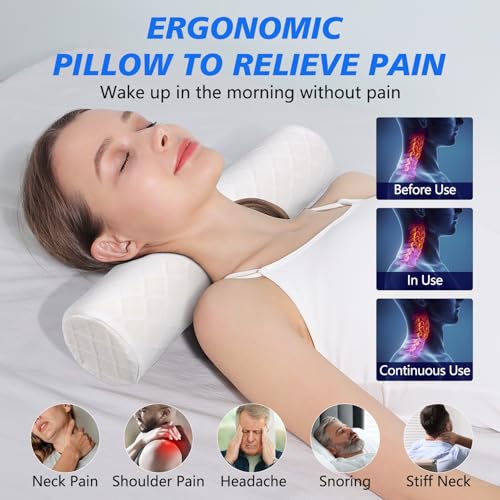 Cozyhealth Cervical Roll Pillow, Medium Soft Memory Foam Neck Round Pillow Cylinder Bolster Pillow for Sleeping, Round Neck Support for Bed, Legs, Back and Yoga (White, Medium - 3.9 H)"