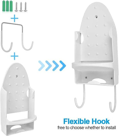 Ironing Board Hanger Wall Mount Iron Holder Household Bathroom Living Room Shelf Rack Storage Organizer with Removable Hooks for Laundry Room - 50 lbs (White)