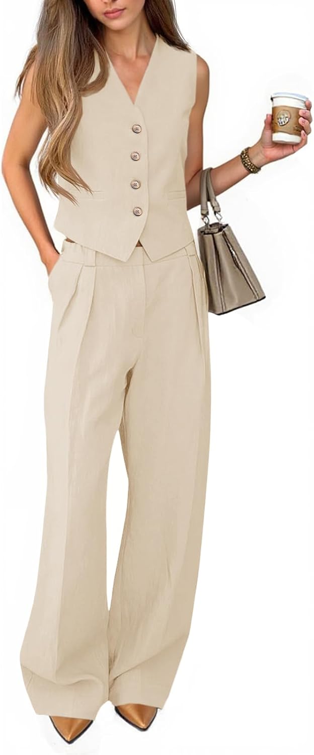 Women's 2 Piece Outfits V Neck Pants Sets Crop Vest Blazer and Wide Leg Suit
