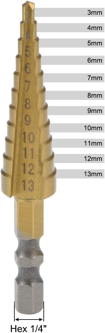 uxcell Step Drill Bit HSS 3mm to 13mm 11 Sizes Titanium Coated Straight Flutes Hex Shank for Metal Wood Plastic