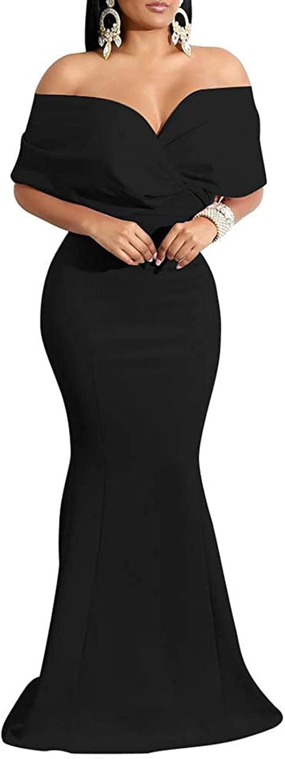 Sexy, off-the-shoulder cocktail dresses with long, bodycon silhouette and elegant black color for any evening event.