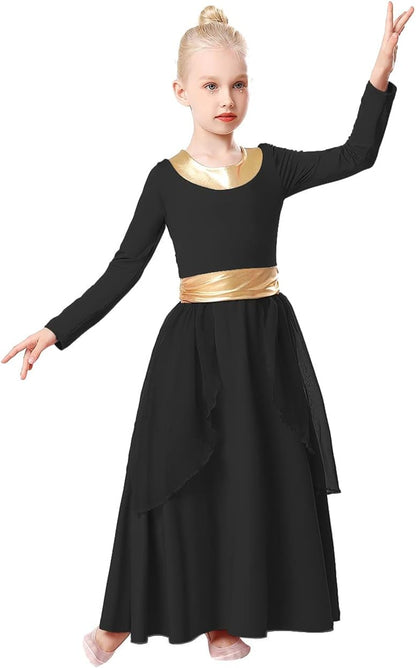 REXREII Kids Girls Praise Dance Robe Metallic Waistband Long Sleeve Liturgical Worship Dress Chiffon Skirt Lyrical Frock.