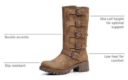 New But Not In Original Box. GLOBALWIN Chunky Mid Calf Fashion Dressy Motocycle Biker Military Style Combat Boots for Women Low Heel