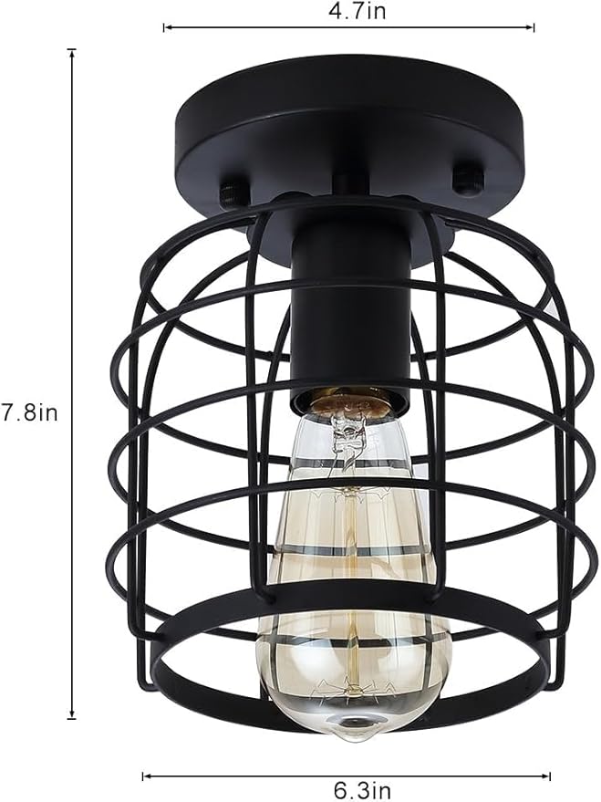 Create For Life Industrial Vintage Flush Mount Ceiling Light,Rustic Metal Cage Semi Flush Mount Ceiling Lamp Fixture for Hallway Stairway Kitchen Garage, E26, Black Finish,2 Pack