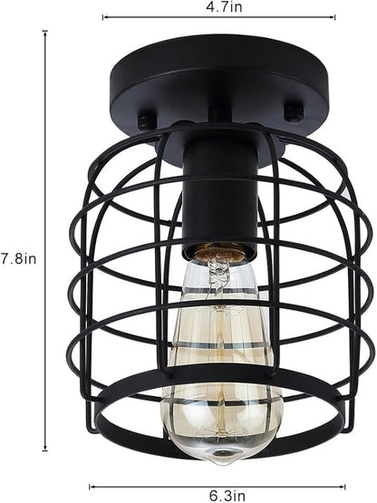 Create For Life Industrial Vintage Flush Mount Ceiling Light,Rustic Metal Cage Semi Flush Mount Ceiling Lamp Fixture for Hallway Stairway Kitchen Garage, E26, Black Finish,2 Pack