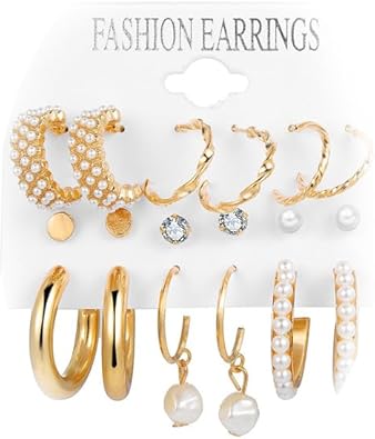 Gold Earrings Set for Women Gold Hoop Earrings Dangle Drop Pearl Earrings Pack Chunky Hoops Jewelry for Birthday Party Gift