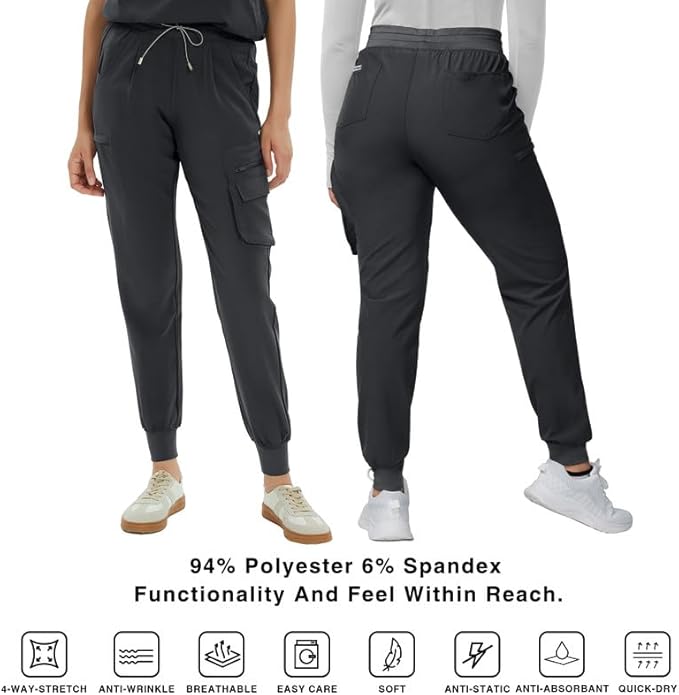 Kitmaz Medical Scrub Pants for Women — Mid Rise Jogger Pants with Yoga Waistband, 4-Way Stretch, Anti-Wrinkle & 8 Pockets