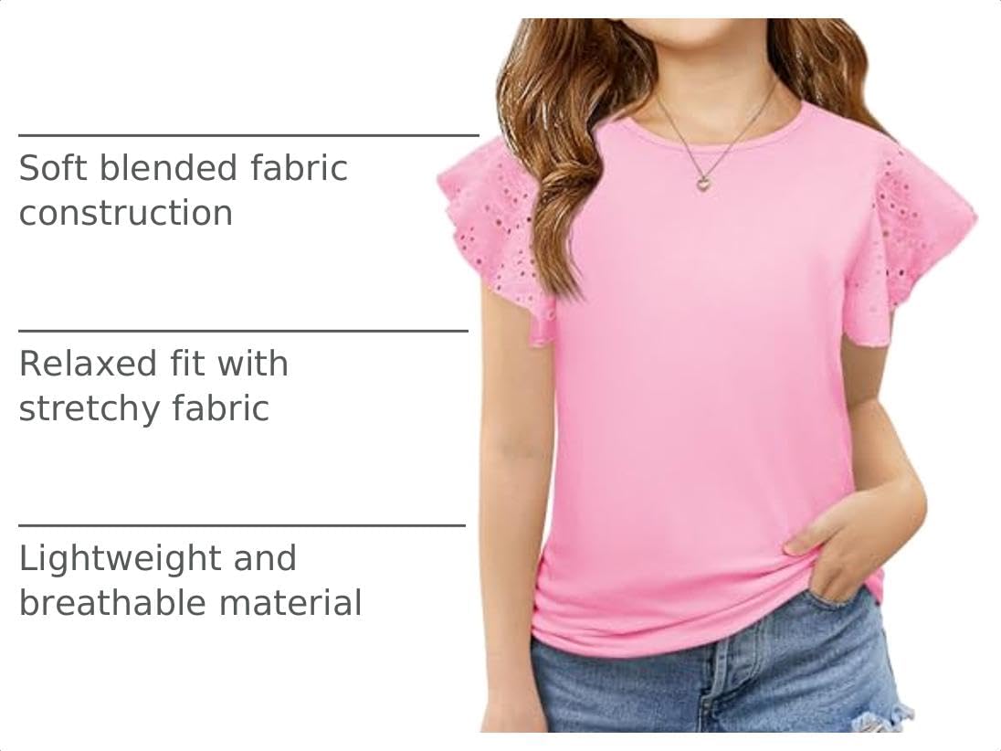 Imily Bela Girls Ruffle Sleeve Shirts Crewneck Eyelet Tops 4-15 Years | Cute summer casual blouse, soft breathable eyelet fabric with ruffle sleeves, comfortable daily shirts for kids