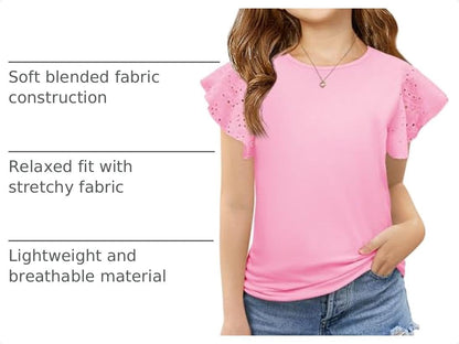 Imily Bela Girls Ruffle Sleeve Shirts Crewneck Eyelet Tops 4-15 Years | Cute summer casual blouse, soft breathable eyelet fabric with ruffle sleeves, comfortable daily shirts for kids