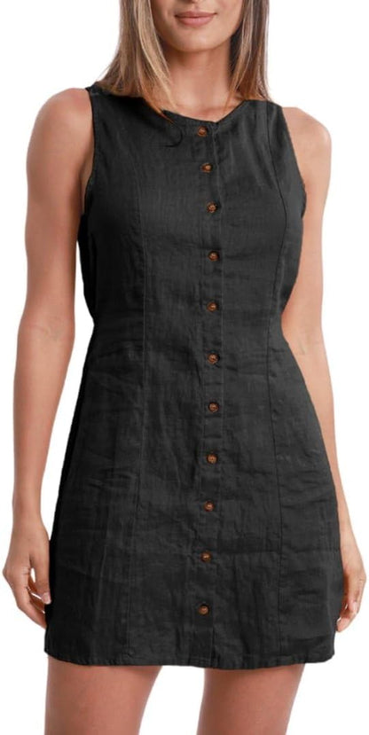 Amazhiyu Women's 100% Linen Summer Sleeveless Button Down Mini Tank Dresse