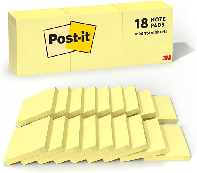 Post-it Notes, 3 in x 3 in, 18 Sticky Notes Pads, 100 Sheets per Pad, The Iconic Canary Yellow Note, School Supplies and O?ce Products
