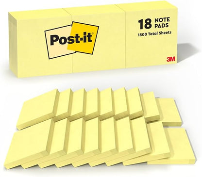 Post-it Notes, 3 in x 3 in, 18 Sticky Notes Pads, 100 Sheets per Pad, The Iconic Canary Yellow Note, School Supplies and O?ce Products